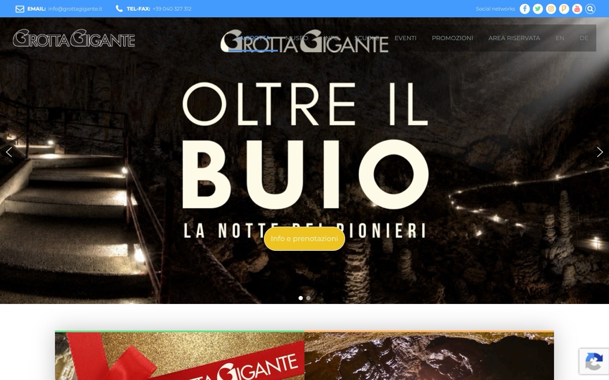 La home della Grotta Gigante oggi: il carosello con l'evento del 31 ottobre